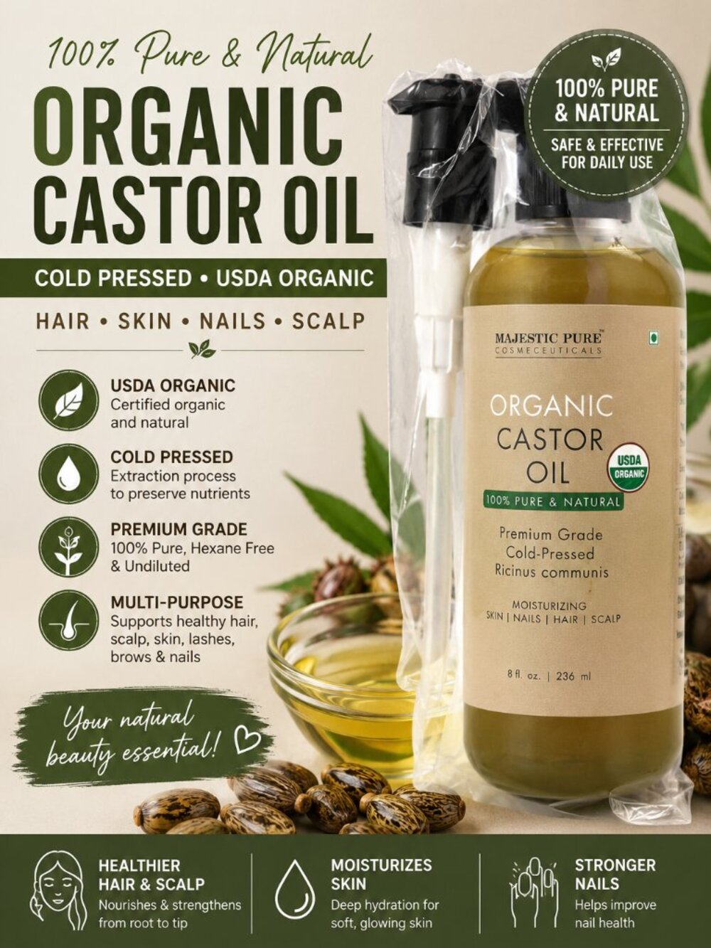 Majestic Pure Organic Castor Oil USDA Organic Cold Pressed 8oz NEW